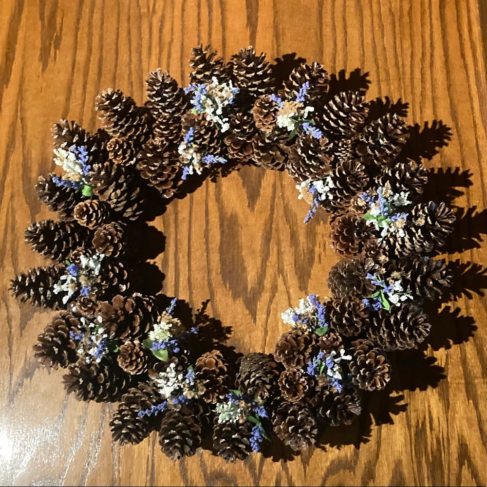 Handmade Pinecone Wreath With Dried And Artificial Purple And White Flowers